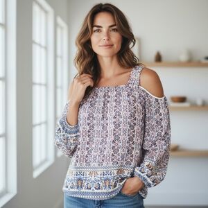 Bobeau Cold Shoulder Boho Printed Blouse Womens Medium